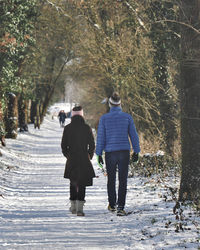 Rear view of people walking on footpath amidst trees during winter
