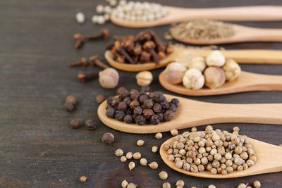 Assortment of spices in spoons on wooden background