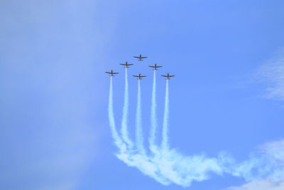 Low angle view of airplane flying against sky