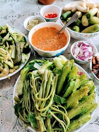 High angle view of vegetables in bowl on table