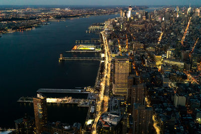 High angle view of illuminated city at night