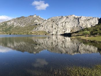 Scenic view of lake and mountains against sky