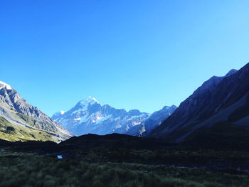 Scenic view of snowcapped mountains against clear blue sky