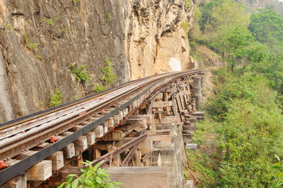 Railroad tracks leading towards mountain