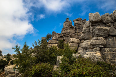 Low angle view of rock formation against sky