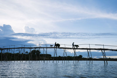 People walking on footbridge over lake