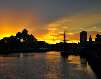 View of city at waterfront during sunset