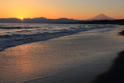 Scenic view of beach against sky during sunset