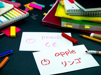 High angle view of text on paper amidst books on table