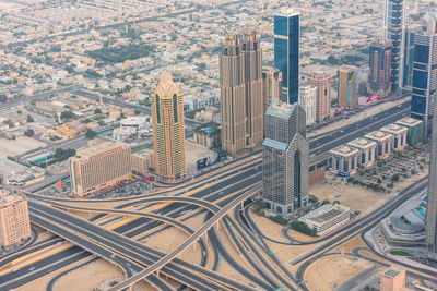 High angle view of modern buildings in city