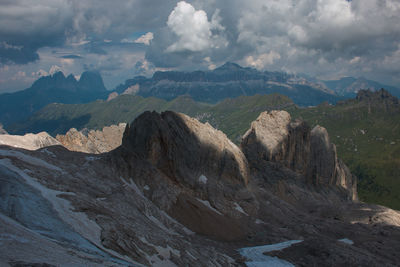 Scenic view of mountain range against cloudy sky