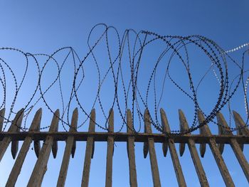 Low angle view of barbed wire fence against sky