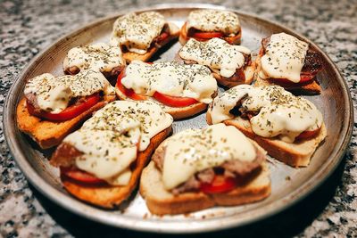 High angle view of food served in plate