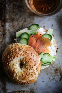 High angle view of breakfast on table