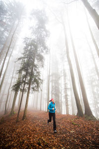 Full length of woman jogging in forest during autumn