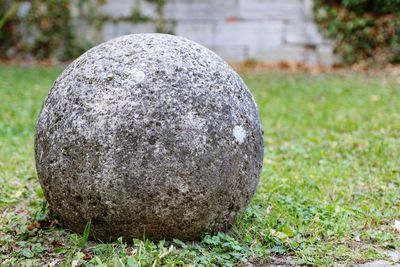 Close-up of stone ball on field