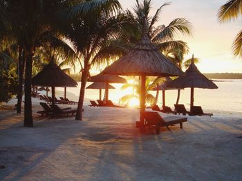 Thatched roofs and lounge chairs at beach during sunset