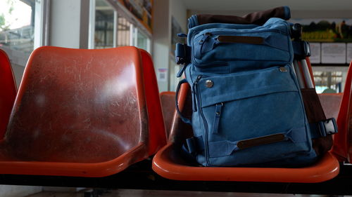 Close-up of backpack on seat