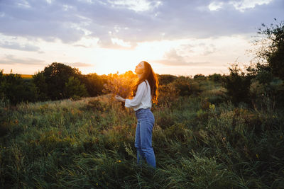 Nature impact wellbeing. happy young woman with long hair