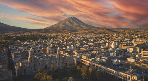 High angle view of townscape against sky during sunset