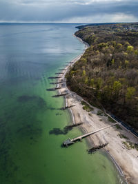 Aerial view at ballehage beach and marselisborg forest, aarhus, denmark