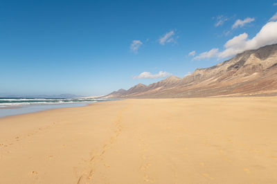 Scenic view of beach against blue sky