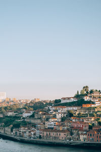 Buildings in city against clear sky