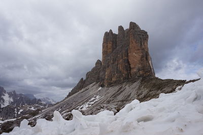 Rock formations on snowcapped mountain against sky