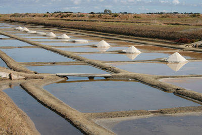 Scenic view of salt marshes against sky