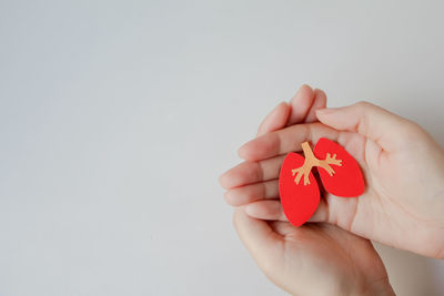 Cropped hand holding heart shape against white background