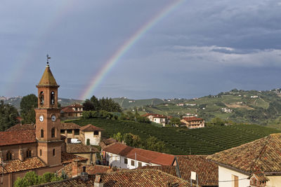 Rainbow over buildings in city against sky