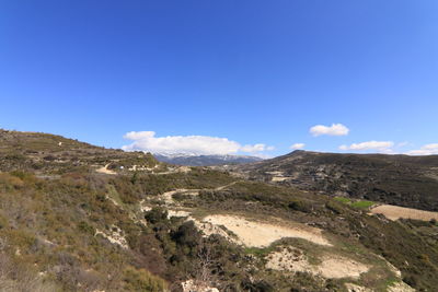 Scenic view of mountains against clear blue sky