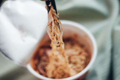 High angle view of bread in bowl on table