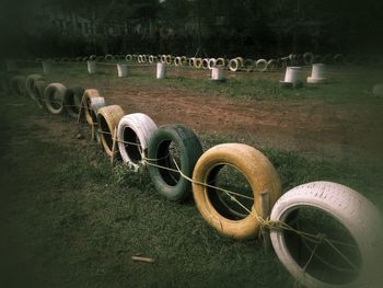 Row of objects on field