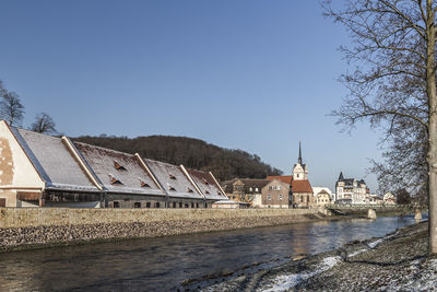 Scenic view of river by buildings against clear sky