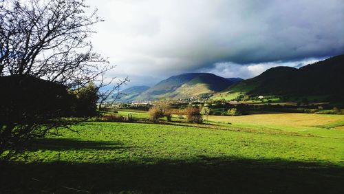 Scenic view of field and mountains against sky