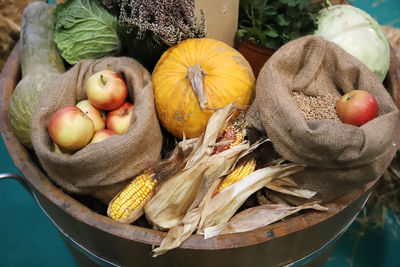 High angle view of pumpkins in basket