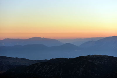 Scenic view of silhouette mountains against sky during sunset