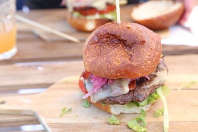 Close-up of hamburger on table