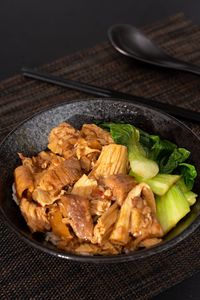 High angle view of food in bowl on table