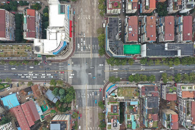 High angle view of street amidst buildings in city