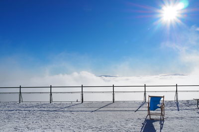 Scenic view of sea against blue sky on sunny day