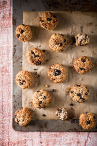 High angle view of cookies in baking sheet