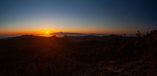 Scenic view of mountains against clear sky at sunset