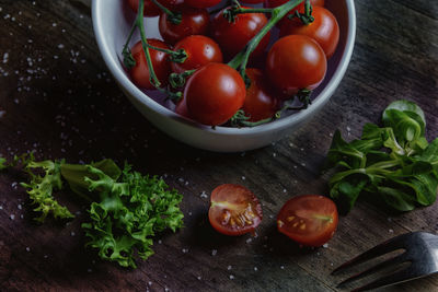 High angle view of vegetables in bowl on table