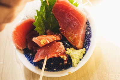 High angle view of fish served on table