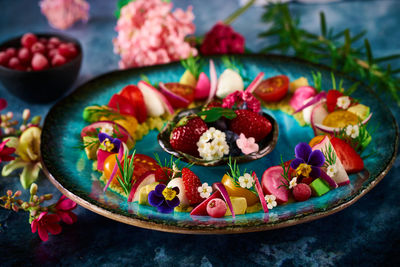 High angle view of food in bowl on table