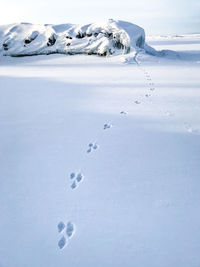 Footprints on snow covered landscape