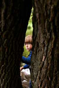 Full length of boy on tree trunk
