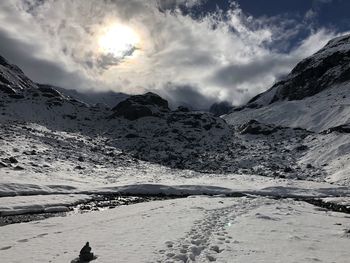 Scenic view of snow covered mountains against sky